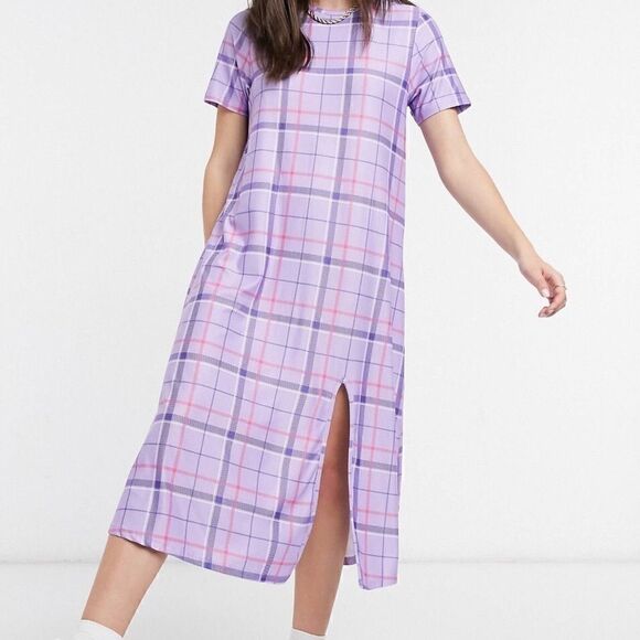 NWT Urban Threads oversized midi T-shirt dress in lilac check - Picture 1 of 5